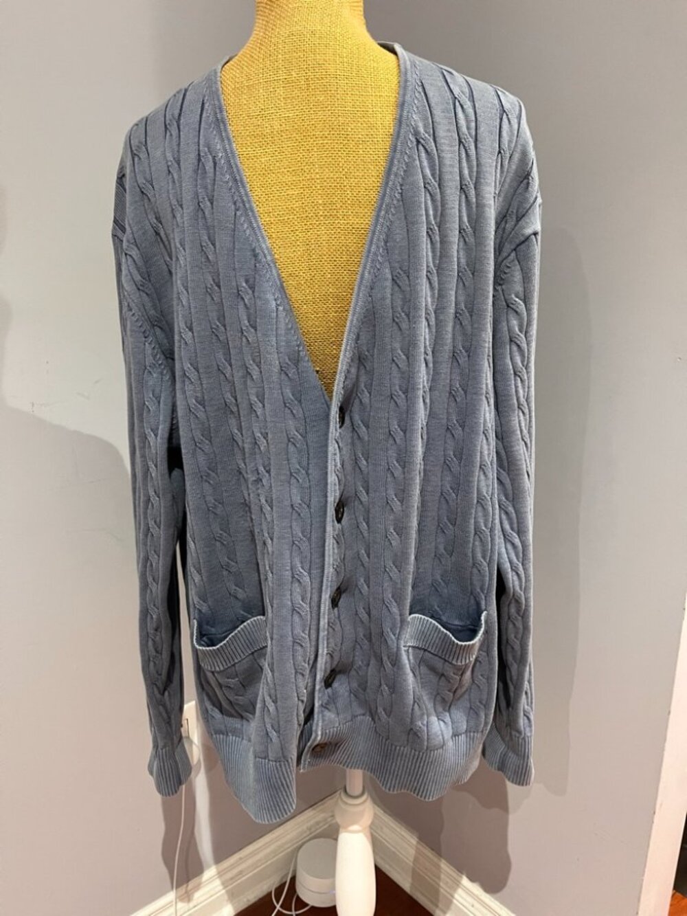 Tommy Hilfiger Mens XL Cable Knit Cardigan Sweater Dusty Blue Cotton Button Fron
